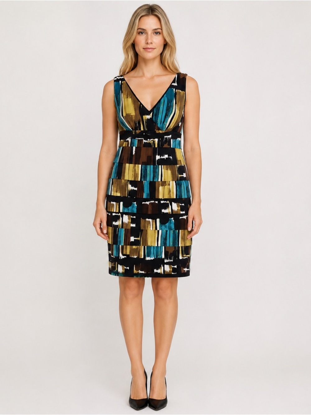 Connected Apparel Brush Stroke Pattern Tiered Front V-Neck Sheath Dress Size 12